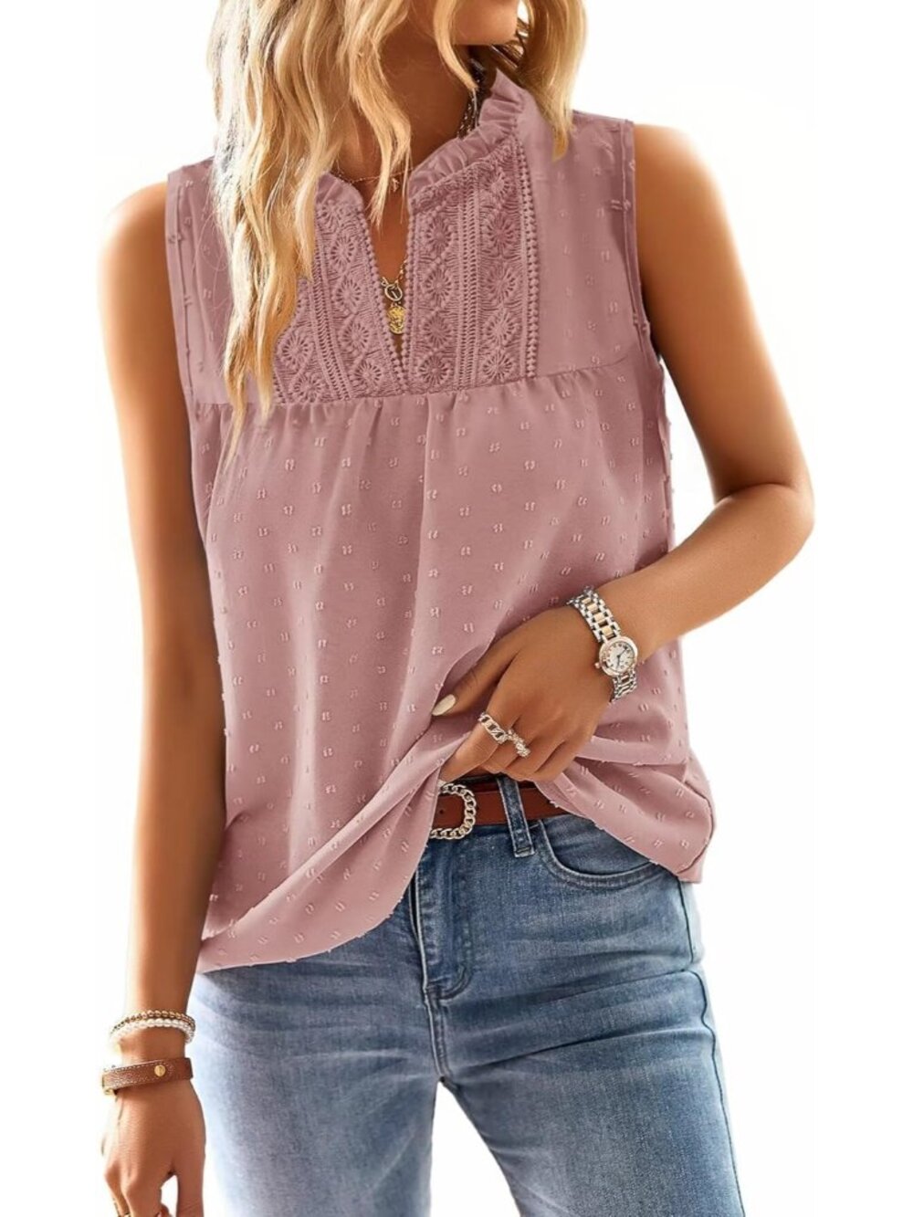 〽️Women Pink Summer V Neck Blouses Casual Flowy Lace Sleeveless Tank Tops